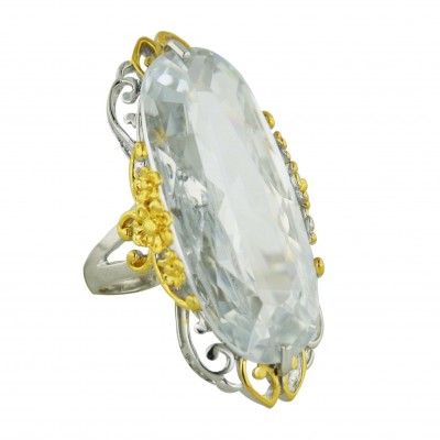 Sterling Silver Ring 34X16mm 2 Tone Gold+Silver Filigree with Clear C