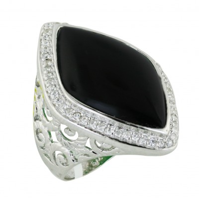 Sterling Silver Ring 33X23mm Onyx Marquis with Clear Cubic Zirconia Around with Plai