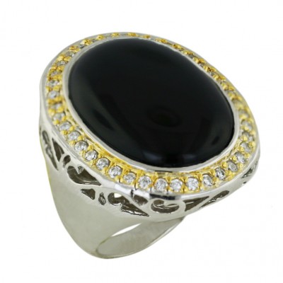 Sterling Silver Ring 29X23mm 2 Tone Gold Onyx Oval with Clear Cubic Zirconia Arou
