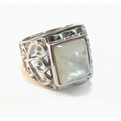 Sterling Silver Ring 18.5X13.5Mm White Mother Of Pearl Square Inlaid Filigr