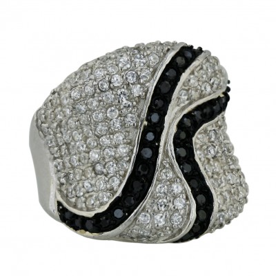Sterling Silver Ring Double Black Cubic Zirconia Wavy Line with Clear Cubic Zirconia Concave