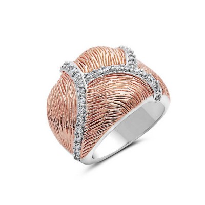 Sterling Silver Ring 2 Tone Rosegold Line Texture with Clear Cubic Zirconia Lines