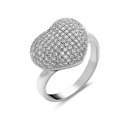 Sterling Silver Ring 13X15mm Micropave Clear Cubic Zirconia Puff Heart with Rhodium Plating