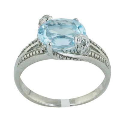 Sterling Silver Ring 10X8mm Gemstone Sky Blue Topaz Round--Rhodium Plating/