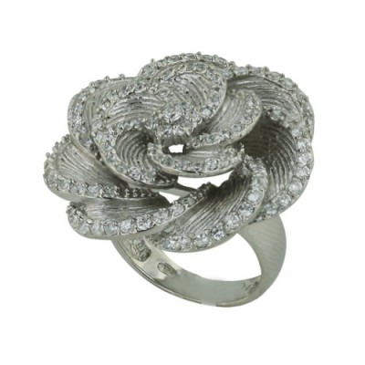 Sterling Silver Ring W=29mm Rhodium Plating Plating Lines Texture Clear Cubic Zirconia P