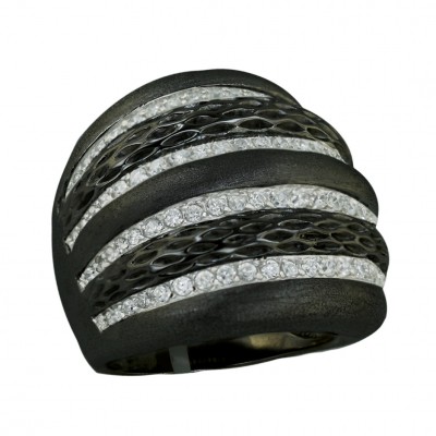 Sterling Silver Ring L=25mm Satin Finish+Net Texture Black Plat - 8