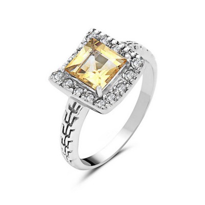 Sterling Silver Ring 12X12mm Citrine Topaz Square with White Topaz Around