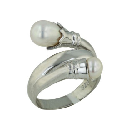 Sterling Silver Ring Oppositive 7+6mm White Fresh Water Pearl with Silver Bypass Lines