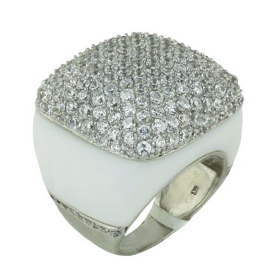 Sterling Silver Ring 25X25mm Clear Cubic Zirconia Cushion with Synthetic White Si