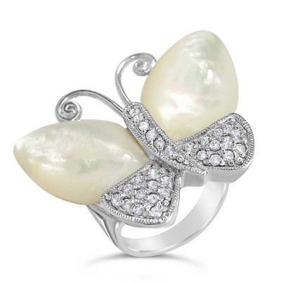Sterling Silver Ring White Mother of Pearl+Clear Cubic Zirconia Butterfly