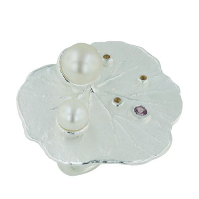 Sterling Silver Ring 6.5+8.5mm White Freshwater Pearl with Triple