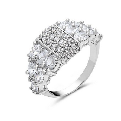Sterling Silver Ring Clear Cubic Zirconia Multiple Side with Clear Cubic Zirconia Ctr--Rhodium Plating/Nickle Free--