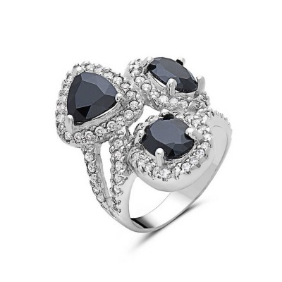 Sterling Silver Ring 3 Black Cubic Zirconia Shape with Clear Cubic Zirconia Around--Rhodium Plating/Nickle Free--