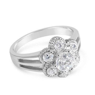 Sterling Silver Ring 7Pcs Clear Cubic Zirconia Flower--Rhodium Plating