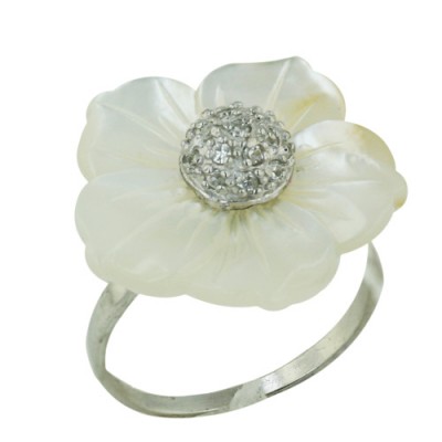 Sterling Silver Ring with 21mm Pearl Flower with 7mm Clear Cubic Zirconia Cent