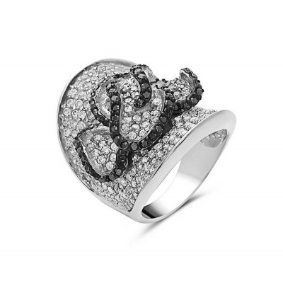 Sterling Silver Ring Wide with Petals with Clear and Black Cubic Zirconia