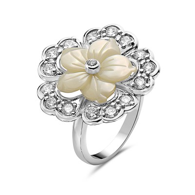 Sterling Silver Ring 15mm Flower Mother of Pearl with Clear Cubic Zirconia
