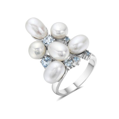 Sterling Silver Ring White Color Fresh Water Pearl Sky Bl Topaz Gem