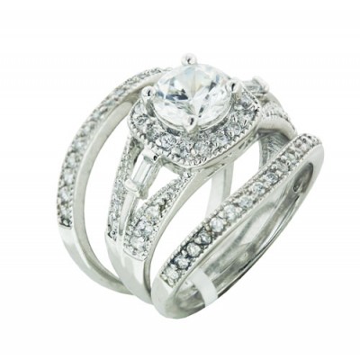 Sterling Silver Ring 7mm Clear Cubic Zirconia Ctr Pave Cubic Zirconia Around Baguette each