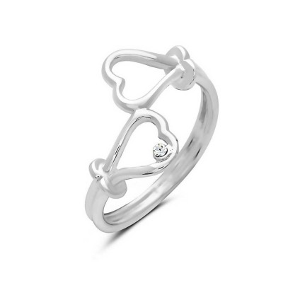 Sterling Silver Ring 2 Open Heart Oppositive End 1mm Clear Cubic Zirconia each Side