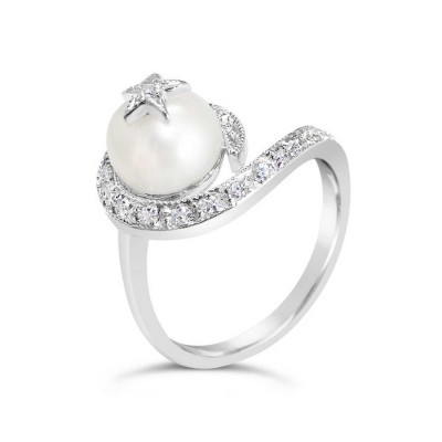 Sterling Silver Ring 8mm White Pearl Star Top Clear Cubic Zirconia Swirl Aroun