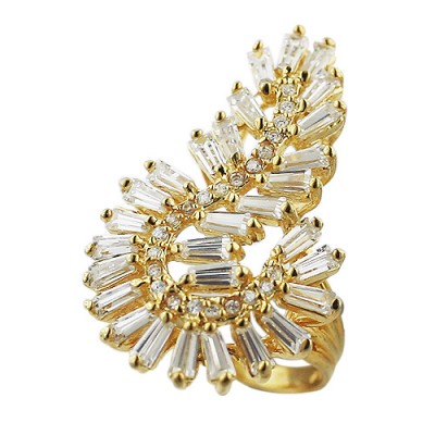 Sterling Silver Ring Baguette Clear Cubic Zirconia Form Hook Gold Plated