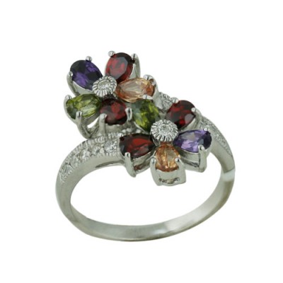 Sterling Silver Ring Two Multicolor-Color Cubic Zirconia Flower Bypass