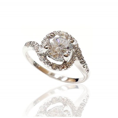 Sterling Silver Ring 7mm Center Opposite Side Wave with Clear Cubic Zirconia