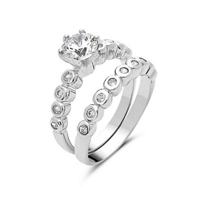 Sterling Silver Ring 2Pcs Set 6mm Clear Cubic Zirconia Round Bezel on Band