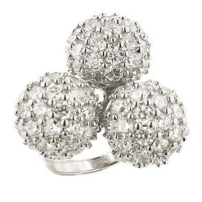 Sterling Silver Ring 3 Clear Cubic Zirconia Paved Balls Rhodium Plated