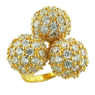 Sterling Silver Ring 3 Clear Cubic Zirconia Paved Balls Gold Plated