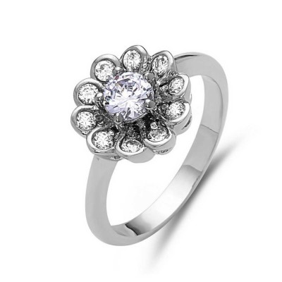 Sterling Silver Ring Clear Cubic Zirconia Flower 5mm Center