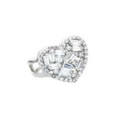 Sterling Silver Ring Clear Cubic Zirconia Heart Ouline Clear Baguette Center