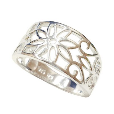 Sterling Silver Ring Band Flower Filigree