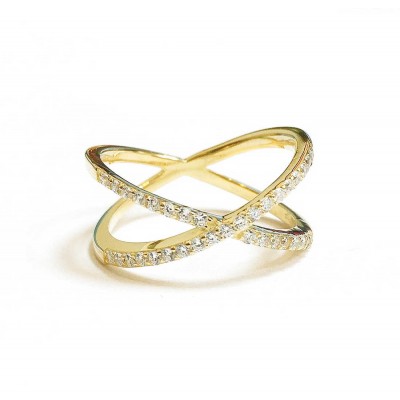 Sterling Silver Ring Clear Cubic Zirconia Criss-Cross-Gold Plate 