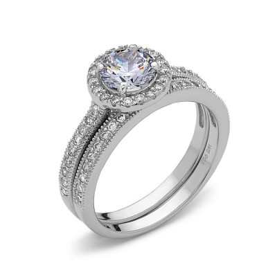 Sterling Silver Ring (2Pc Set) 6.5mm Bezel Clear Cubic Zirconia with Band