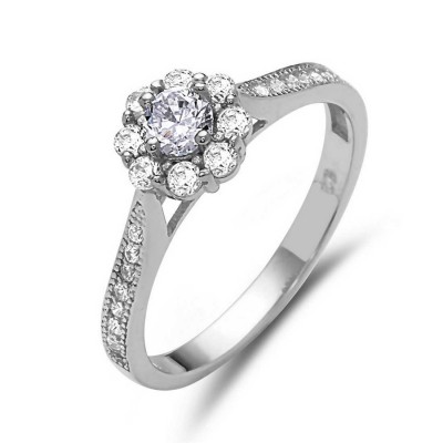 Sterling Silver Ring 7mm Flower Shaped Clear Cubic Zirconia with Pave Side