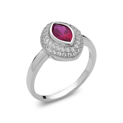 Sterling Silver Ring Marquise Ruby Cubic Zirconia with Clear Cubic Zirconia Pave Around