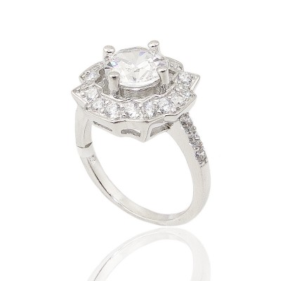 SS Ring 8Mm Clear Cz With Flower Pattern Around