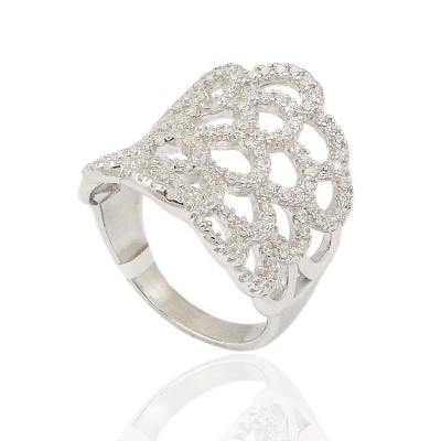 Sterling Silver Ring Clear Cubic Zirconia Sideways Round Flower Petals