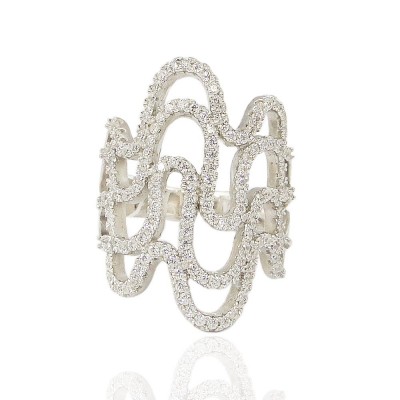 Sterling Silver Ring (4) Clear Cubic Zirconia Wavy Lines