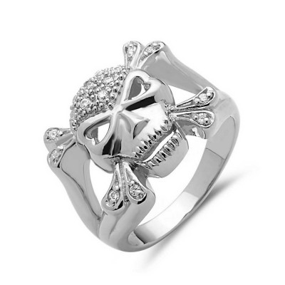 STERLING SILVER RING CLEAR CUBIC ZIRCONIA SKULL WITH BONES