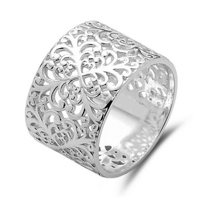 STERLING SILVER RING OPEN FLOWER FILIGREE CIGAR BAND