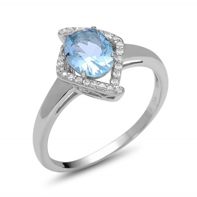 STERLING SILVER RING RHOMBUS AQUA BLUE GLASS CUBIC ZIRCONIA AROUND