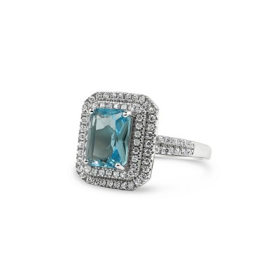 STERLING SILVER RING RECTANGULAR AQUA GLASS DOUBLE CUBIC ZIRCONIA LINES