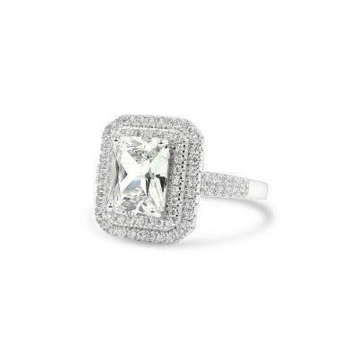 STERLING SILVER RING RECTANGULAR CLEAR CUBIC ZIRCONIA DOUBLE CUBIC ZIRCONIA LINES
