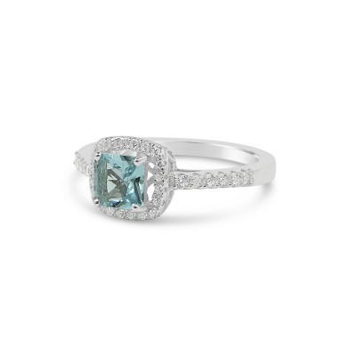 STERLING SILVER RING CUSHION AQUA BLUE GLASS+CUBIC ZIRCONIA AROUND