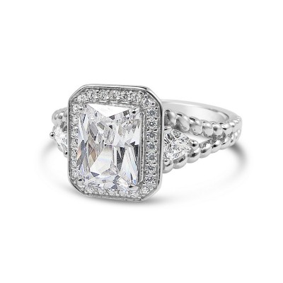 STERLING SILVER RING RECTANGULAR CLEAR CUBIC ZIRCONIA TRIANGLE SIDES