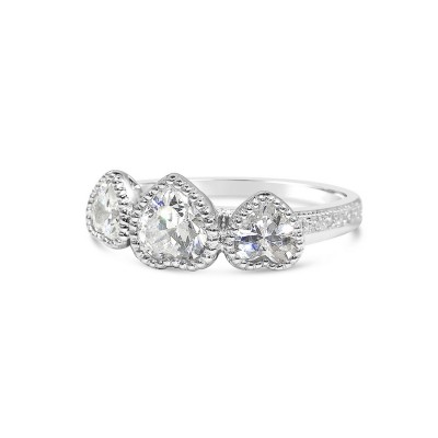STERLING SILVER RING TRIPLE HEARTS CLEAR CUBIC ZIRCONIA BEADED LINE