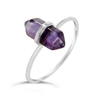 Sterling Silver Ring Pointed Hexigon Bar Amethyst Upright